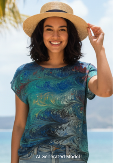 Woman wearing a marbled silk top standing on a sandy path with palm trees and ocean in the background.  AI generated model.
