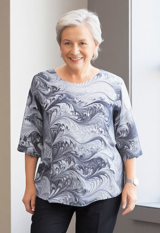 L/XL Distinctive Black & White Silk Blouse