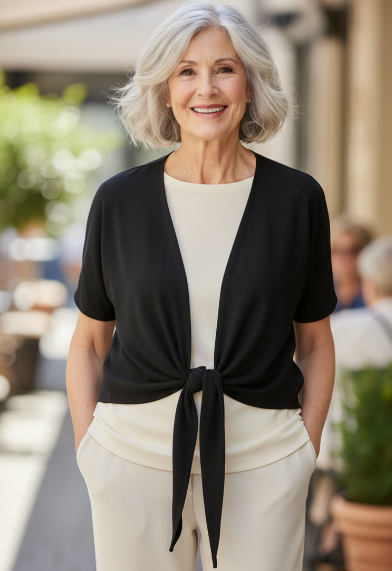Woman wearing a black silk jacket wrap and white pants standing outdoors.