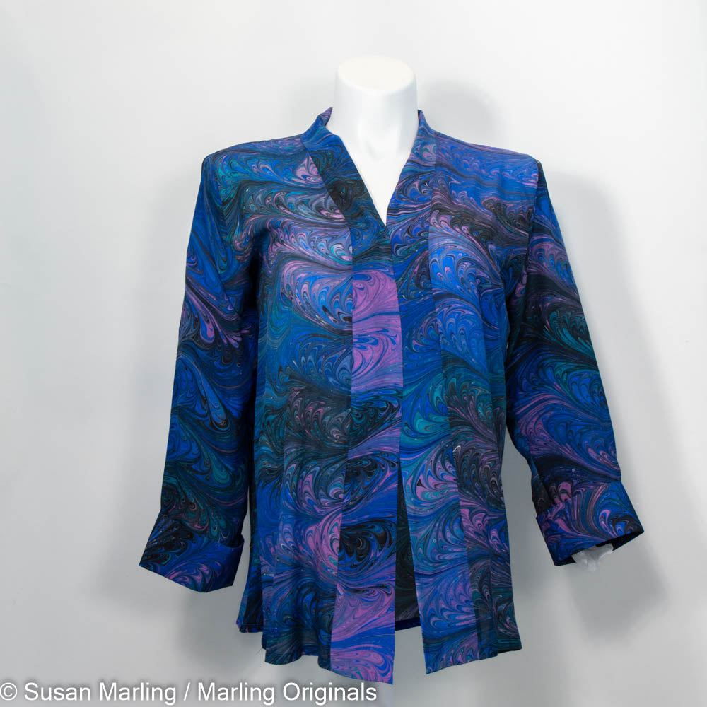 silk crepe de chine swing jacket with a rich marbled pattern in blues, teals, violets