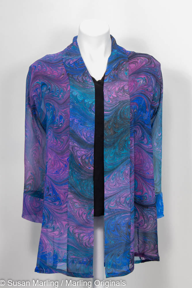 silk kimono jacket in sheer chiffon in a gorgeous rich hand marbled pattern