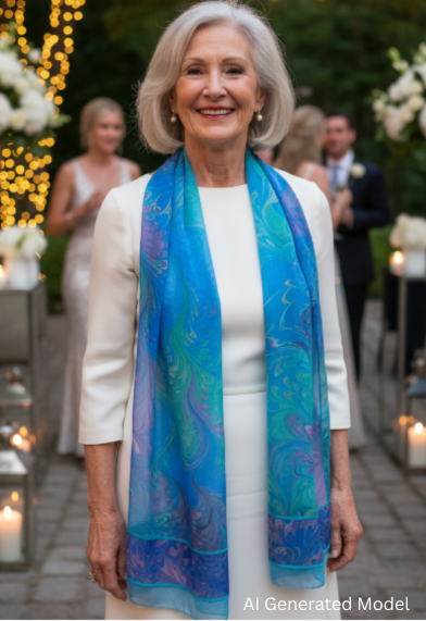 Woman wearing a blue and pink marbled pieced scarf at an outdoor event with decorations and people in the background.  AI generated models
