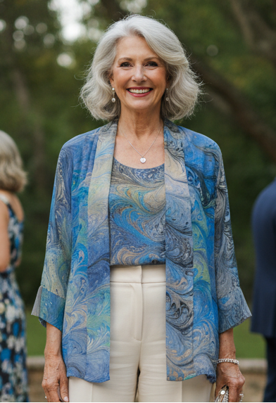 Woman in a marbled silk kimono jacket and white pants standing outdoors with people in the background.