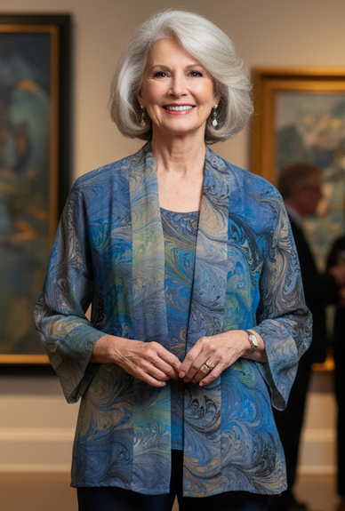 Woman in a blue marbled silk kimono jacket standing in an art gallery with paintings in the background.