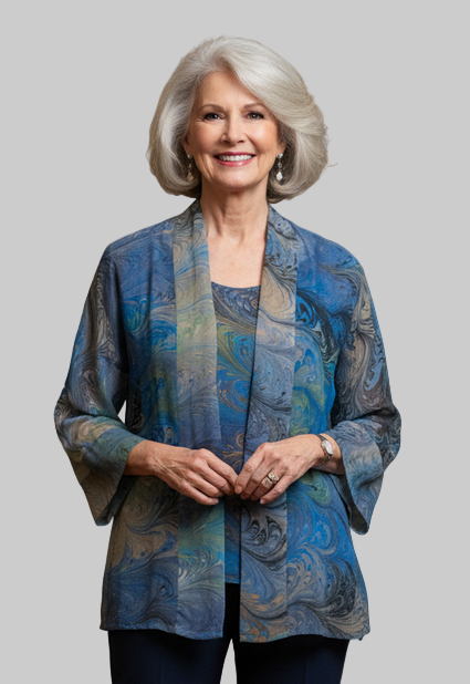 Woman in a gray and blue hand marbled sheer kimono jacket standing 