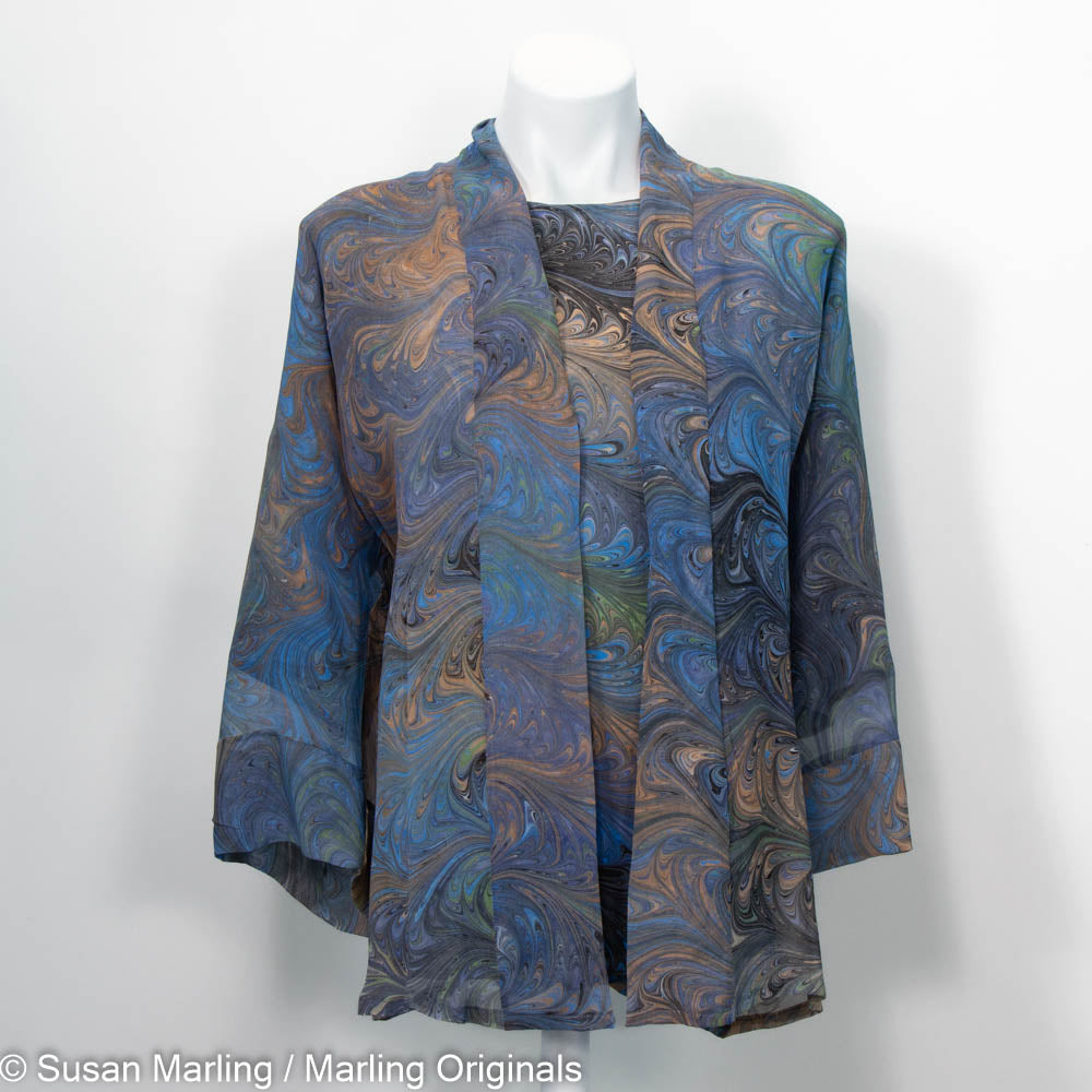 Jacket set features chiffon kimono with round neck top in grey, blue, black, peach marbled pattern