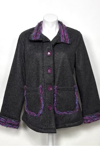 picture of a deep charcoal gray polar fleece jacket with yarn trim on the pockets, collars & cuffs
