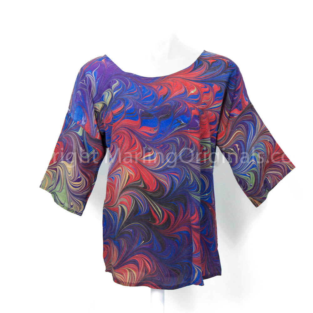 silk top marbled in twist pattern blue, purple, red half sleeve