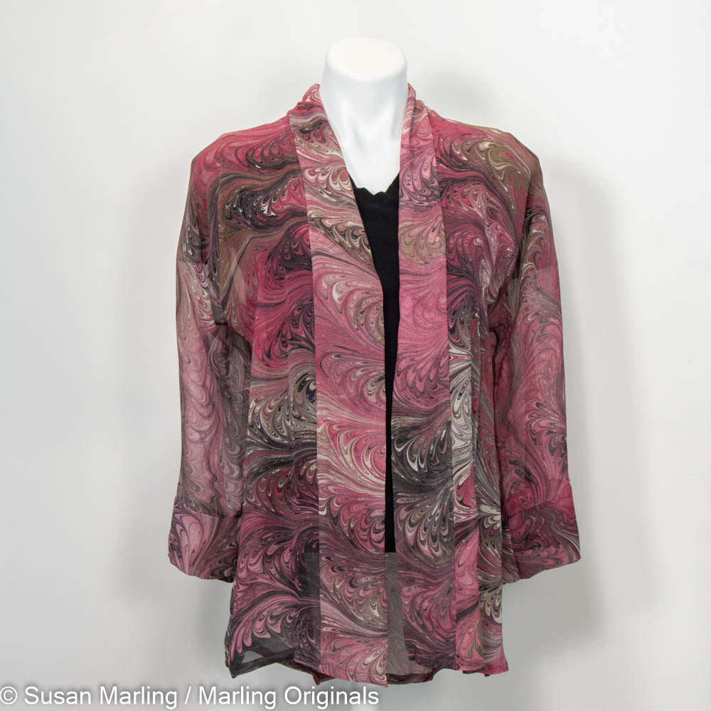 sheer kimono with band down the front, 3/4 sleeves and gorgeous marbled pattern in cranberry tones