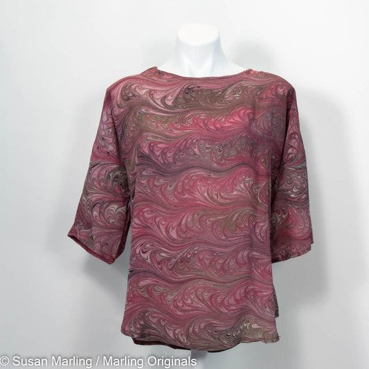 marbled silk round neck top with half sleeves in feather print of cranberries and browns