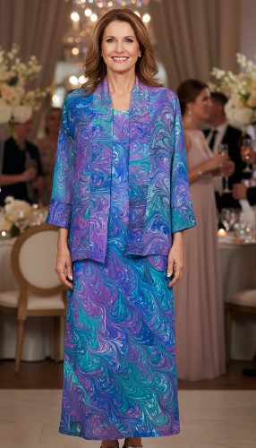 Woman in a marbled silk soft jewel tones bias cut dress with coordinating kimono jacket standing in a formal event setting with tables and chandeliers.
