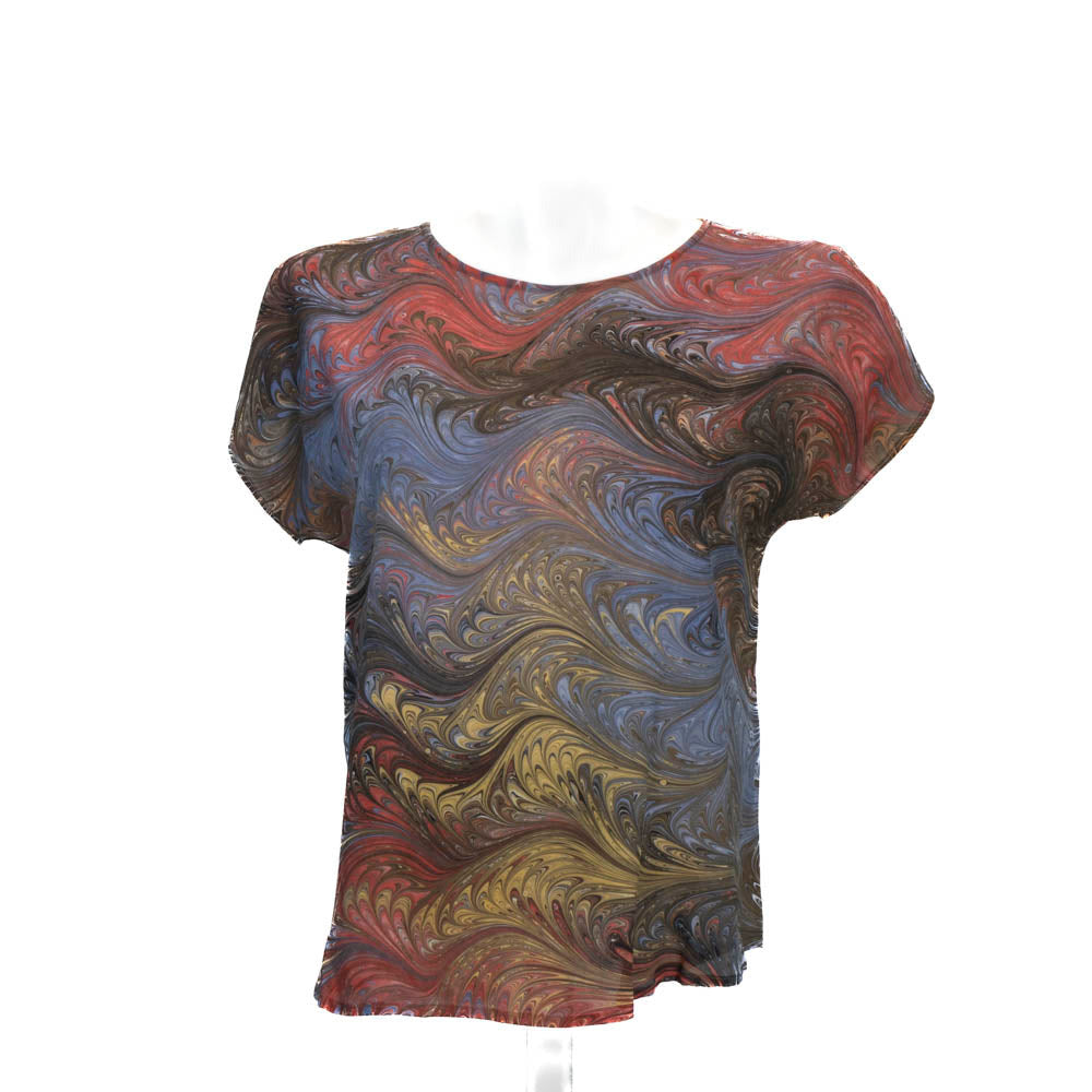 marbled silk top in brown, red, gray and gold with round neck and short sleeves