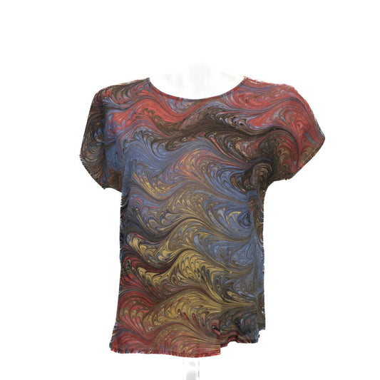 marbled silk top in brown, red, gray and gold with round neck and short sleeves