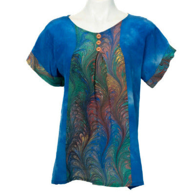 hand dyed silk top blue with vibrant marbled inset in front.  short sleeves