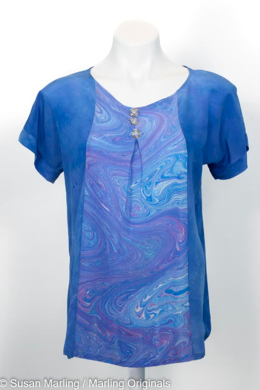 blue silk top with marbled inset front, round neck and short sleeves