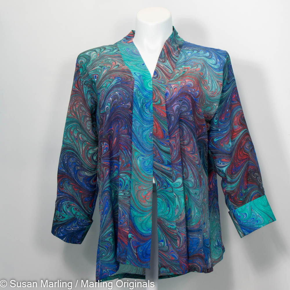 handcrafted silk swing jacket in primary colors.  Front bank with 3/4 length sleeves and cuffs