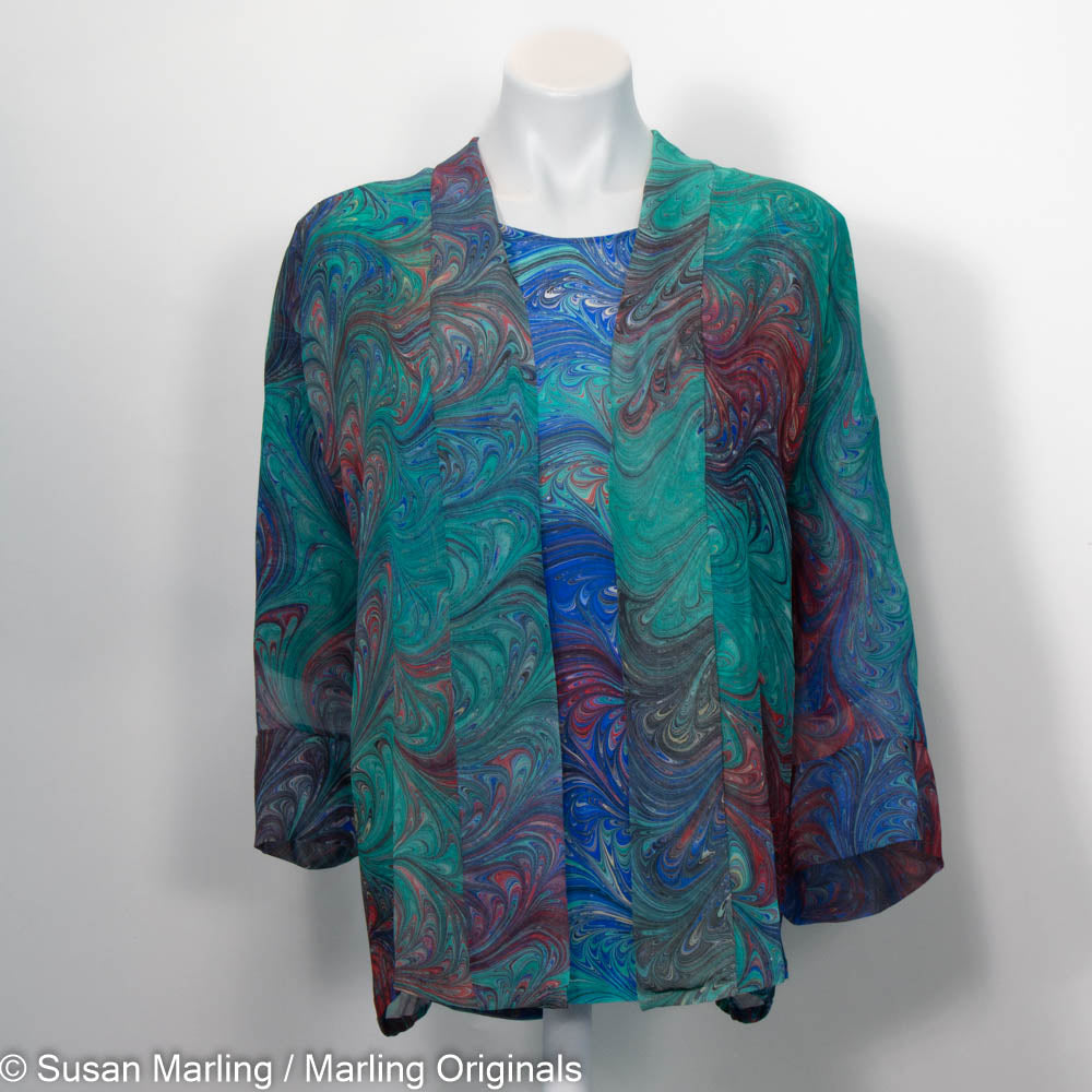 Hand marbled sheer jacket set with round neck top.  Beautiful marbled pattern.