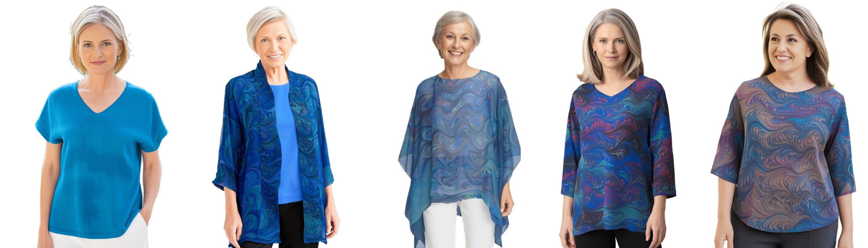 Picture of 5 women wearing various marbled silk garments