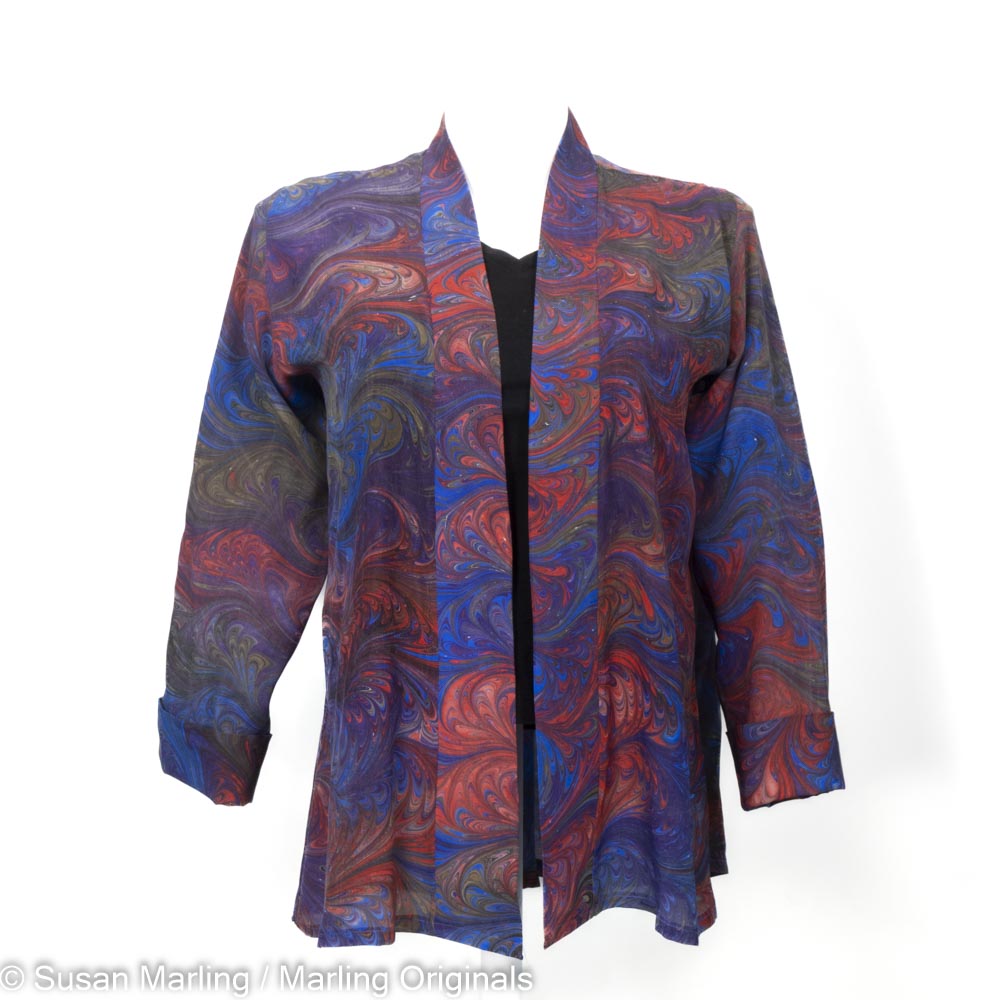 plus size silk swing jacket hand marbled in rich tones of purple, red, royal, brown and black.  