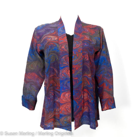 plus size silk swing jacket hand marbled in rich tones of purple, red, royal, brown and black.  