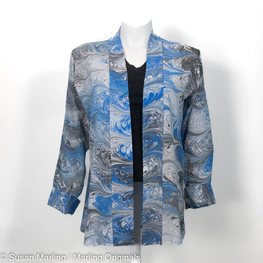 silk swing jacket with front cuff.  Marbled in vivid blue, black and white.  Plus size.