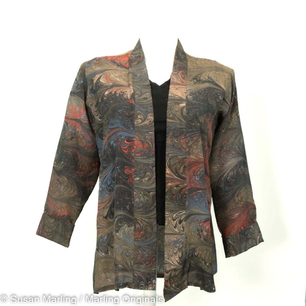 silk swing jacket in a marbled pattern of rich brown tones with blue grey, tan and red.  Plus size.