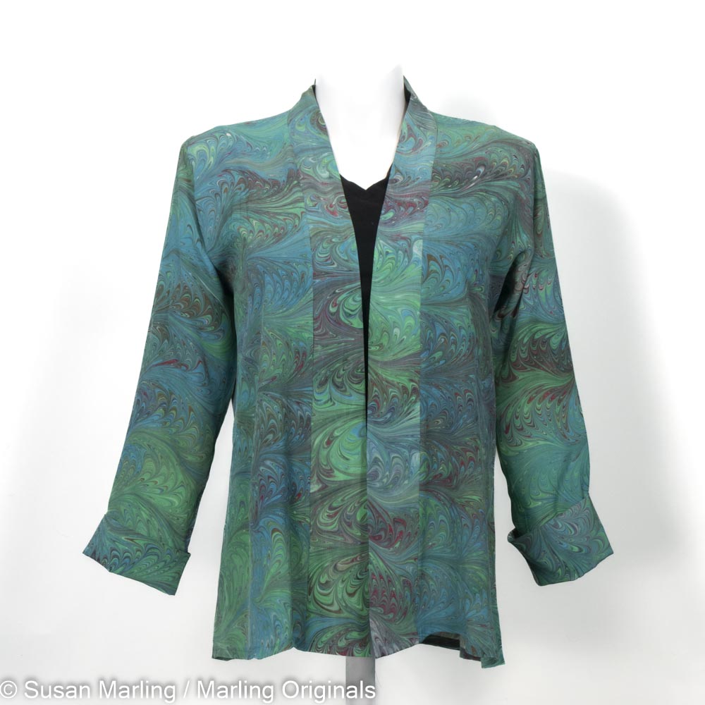 silk swing jacket marbled in greens with touches of brown and burgundy