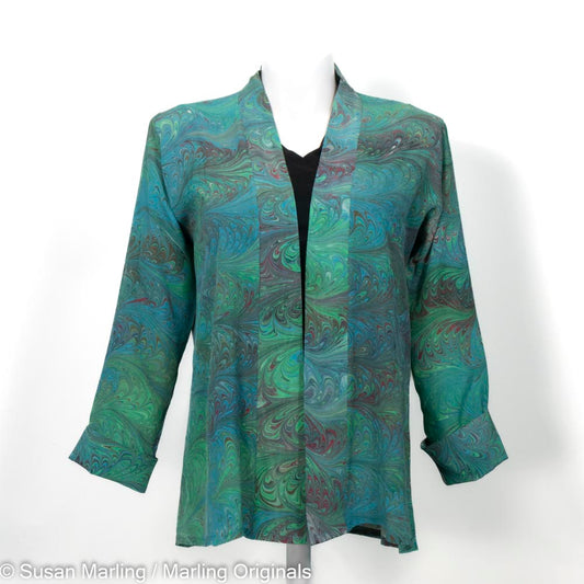 silk swing jacket marbled in greens with touches of brown and burgundy