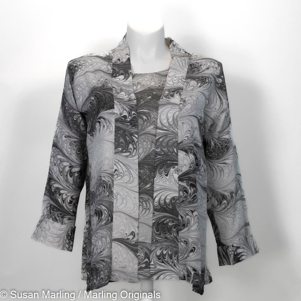 marbled silk swing jacket shown with coordinating silk top