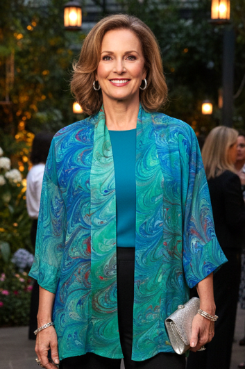 Woman in a hand marbled sheer silk kimono jacket standing outdoors with decorative lights and people in the background.