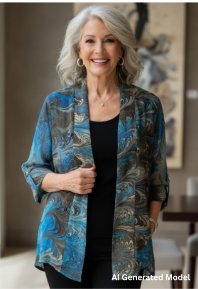 Woman wearing a blue brown and cream   hand marbled silk sheer kimono jacket.  AI generated model.