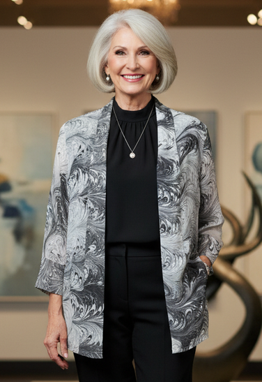 Marbled Silk Sheer Kimono Jacket Black & White One Size