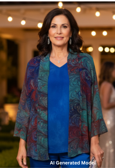 Woman wearing a marbled silk kimono jacket in green with red and blue accents standing outdoors at an event.  AI generated model.