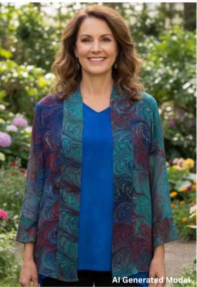 woman wearing a marbled silk kimono jacket in green, blue, red standing in a garden.  AI generated model.