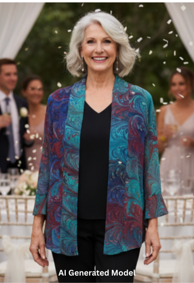 Woman in a colorful marbled silk chiffon jacket standing in a decorated outdoor setting with tables and people.  AI generated models.