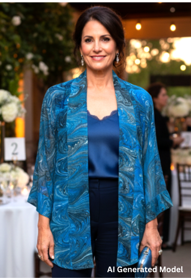 Woman in a blue marbled silk kimono jacket and pants standing in an outdoor event setting with tables and decorations.  AI generated model.