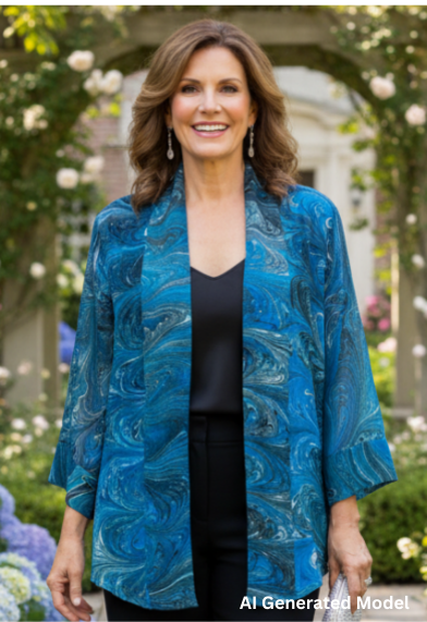 Woman in a blue marbled silk jacket standing in a garden.  AI generated model.