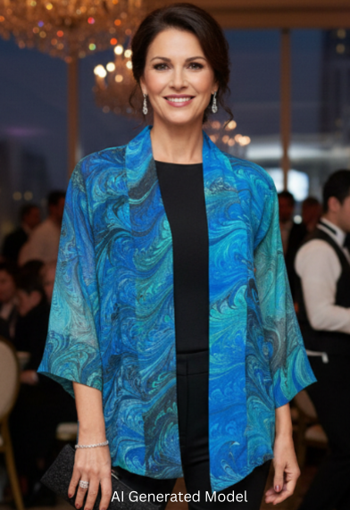 Woman in a marbled silk blue and green kimono style jacket and black pants standing in an elegant indoor setting.  AI generated model.