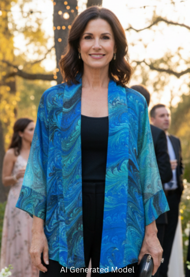 Woman in a marbled silk kimono style jacket and black pants standing outdoors with floral decorations and people in the background.  AI generated model.