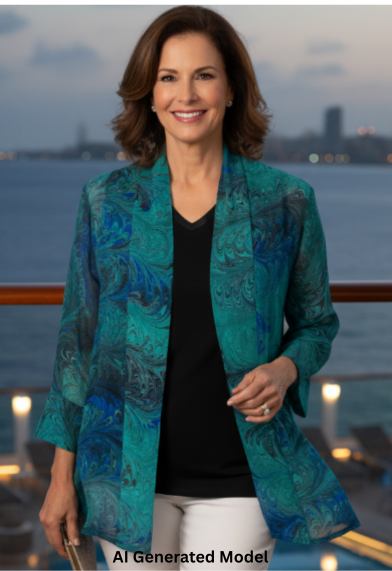 Woman in a green and blue marbled silk kimono sheer jacket standing on a deck with a waterfront view.  AI generated model.