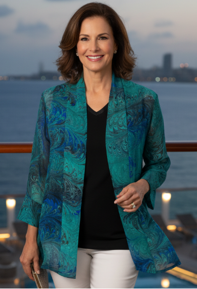 Woman in a green and blue marbled silk kimono sheer jacket standing on a deck with a waterfront view.
