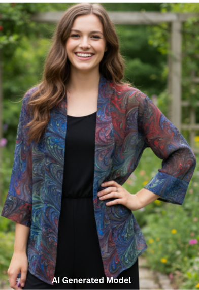 Woman wearing a sheer multicolor hand marbled silk jacket in a garden setting.  AI generated model.