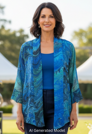 Woman wearing a marbled silk kimono style jacket and dark pants standing outdoors with decorative elements in the background.  AI generated model.