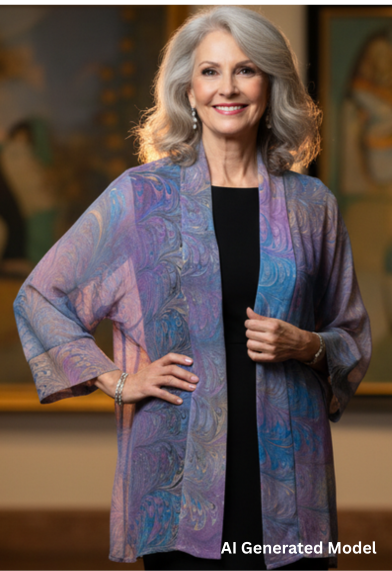 Woman wearing a marbled silk sheer jacket in an art gallery setting.  AI generated model.