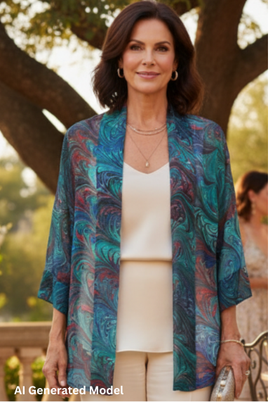 Woman in a marbled silk kimono jacket and white pants standing outdoors with floral decorations and people in the background.  AI generated model.