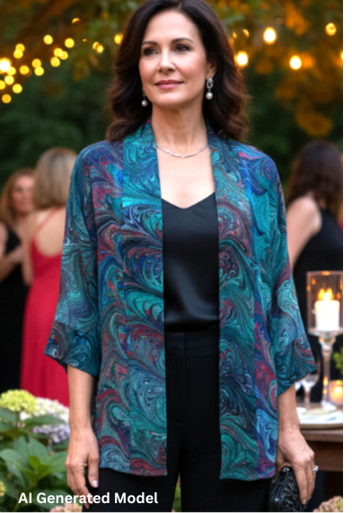 Woman in a marbled silk kimono jacket and black pants standing outdoors with decorative lights and flowers in the background.  AI generated model. 