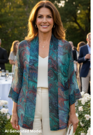 Woman in a marbled silk kimono jacket and white pants standing outdoors at an event with floral decorations.  AI generated model.