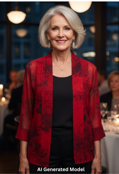 Woman in a red jacket with intricate black marbling standing in a formal event setting   AI generated models.