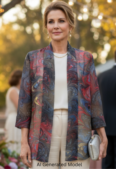 Woman in a brown marbled silk kimono jacket and white pants standing outdoors with blurred people and decorations in the background.  AI generated model.