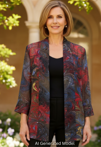 Woman wearing a colorful marbled silk  jacket outdoors with greenery and architecture in the background.  AI generated model.
